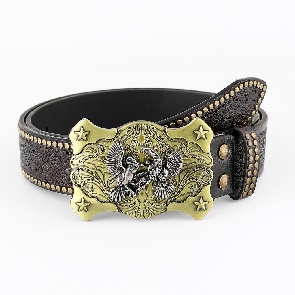 Western Denim Belt Large Plate Mouth Vintage Retro Men'S Punk Embossed Leather Belt