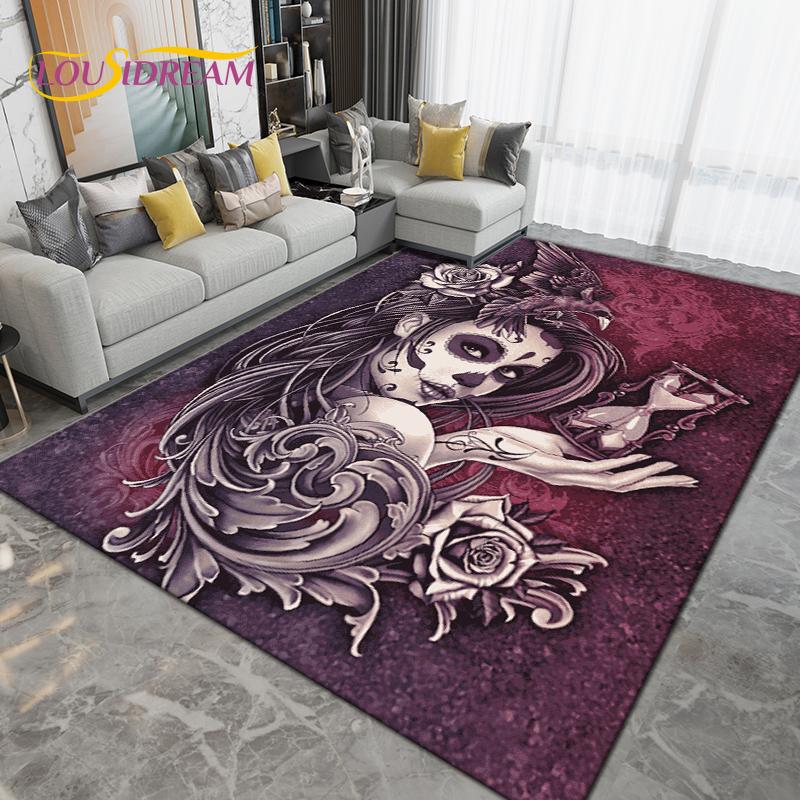 Cartoon Skull Girl Area Rug Large,Carpet Rug for Living Room Bedroom Sofa Decoration,Doormat Kitchen Bathroom Non-slip Floor Mat
