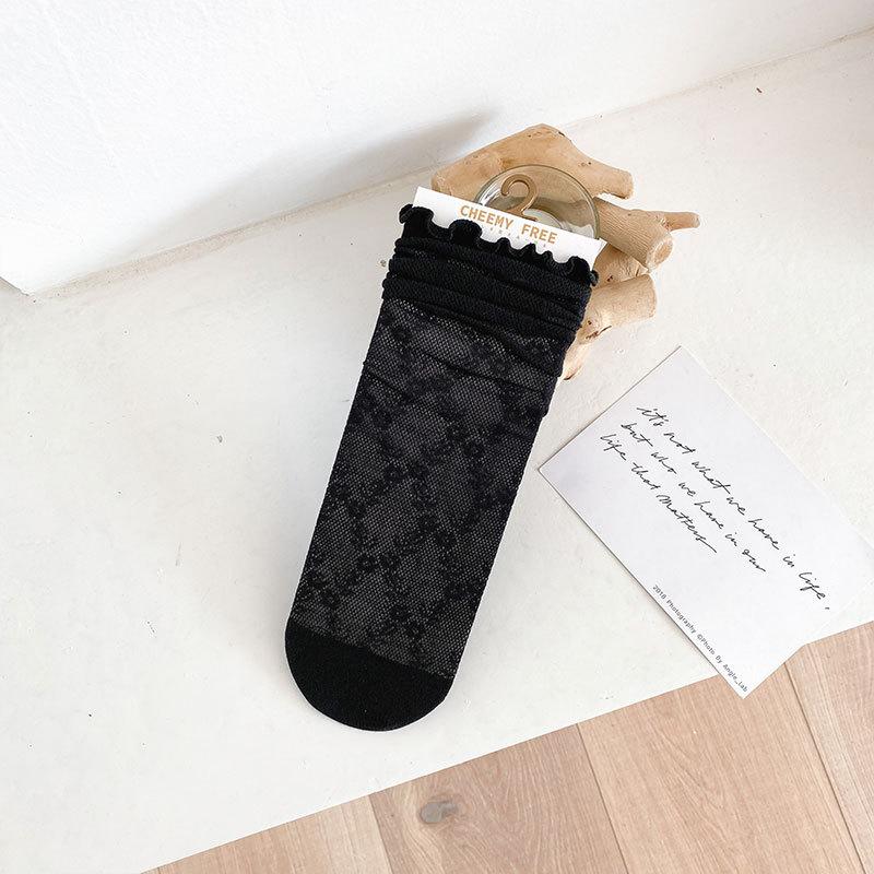 Lace Hollowed-out Mesh Princess Socks, Black and White Retro Black Ear-trimmed Women's Pile-up Socks, Long Socks