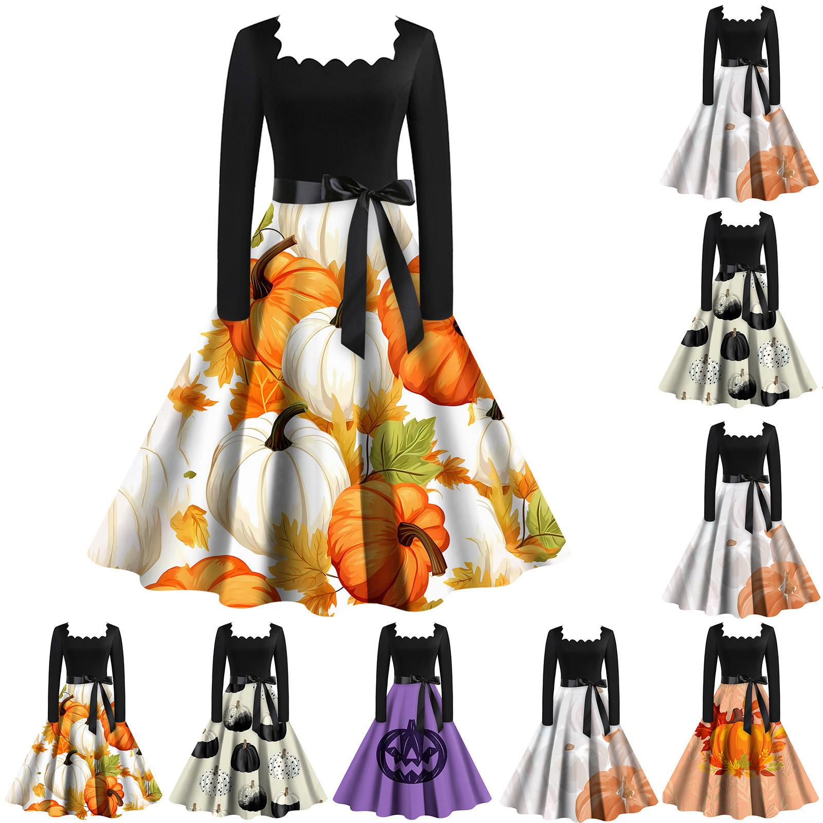 

Хэллоуин женское повседневное модное винтажное платье с квадратным вырезом и принтом M бежевый