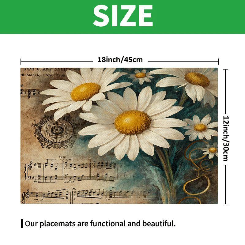 4/6pcs Vintage Daisy & Music Sheet Placemats Suitable for Dining Table Decor, 12x18 Inch Washable Polyester Table with Retro and Sheet Music Design