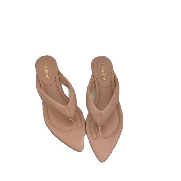 2025 New Summer Pink Pointed Toe Mid Heel Cool Slippers Slope Heel Flip Flops Wear Pinch Sandals