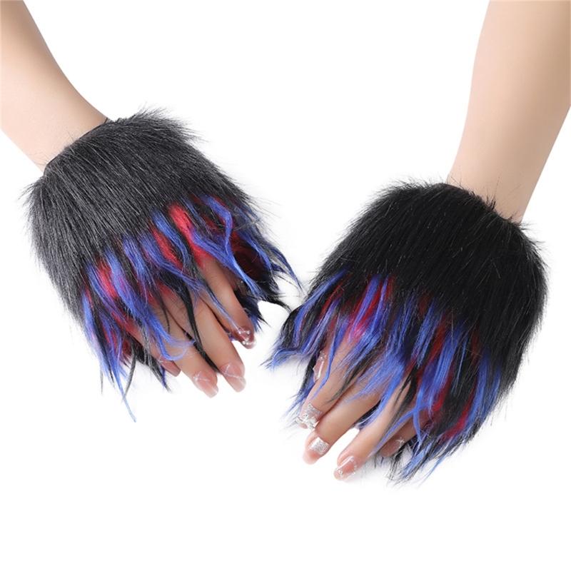 Fingerless Rainbow Fleece Gloves For Winter Soft Plush Warmth Unisex Design Colorful Bear Cosplay