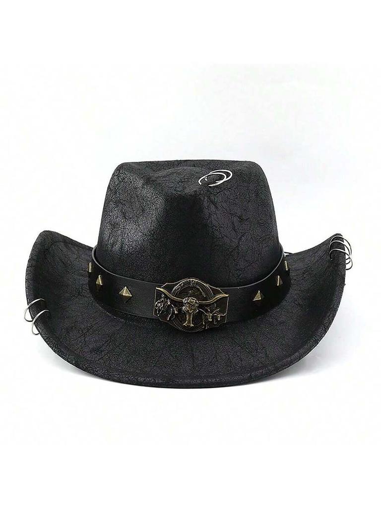 Sombrero Vaquero Occidental Retro con Hebilla de Cabeza de Toro y Remaches Ala Ancha Gorra de Fiesta para Adultos