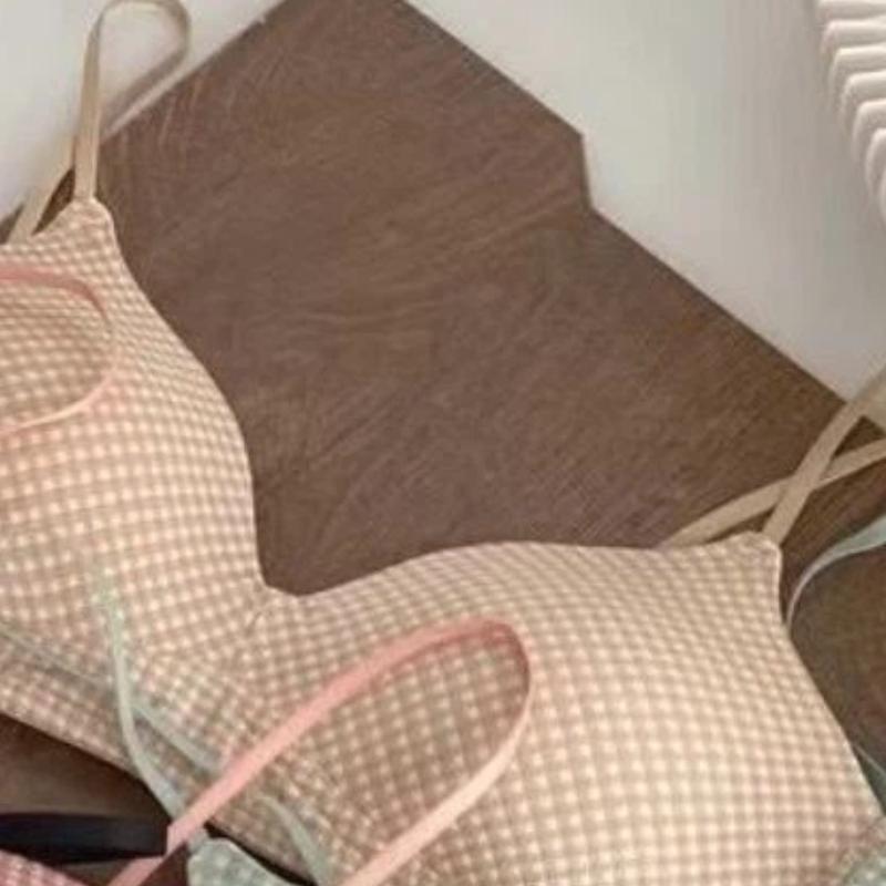 

Pink Gingham Wireless Bra Retro Style Thin Strap Everyday Lingerie S помаранчевий
