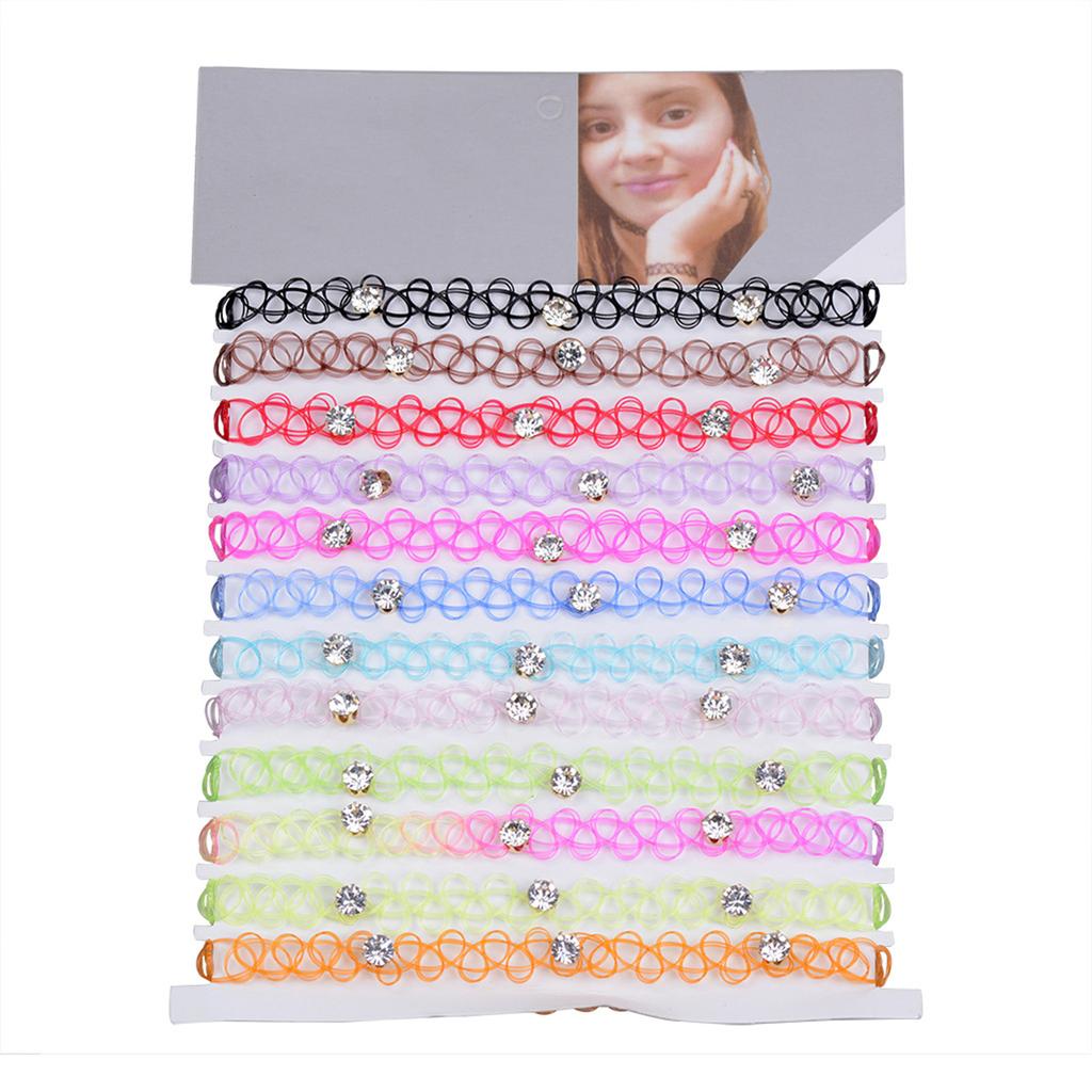 12pcs/lot Hot Sell Vintage Hippy Stretch Tattoo Choker Necklace Elastic Chocker Necklace Fishing Line Tattoo Colorful Necklace
