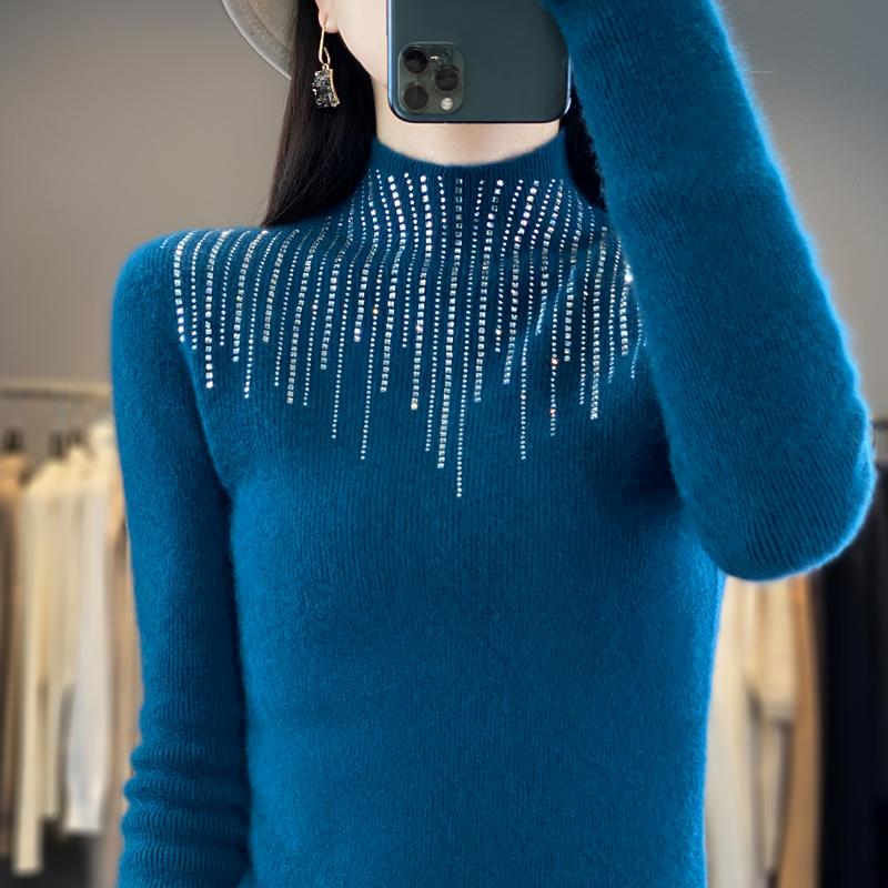Women's Half Turtleneck Sweater, Qinghe Cashmere, 30% Cashmere 70% Wool, Diamond-studded Winter Knitted Pullover Autumn Sweater Cashmere Sweater