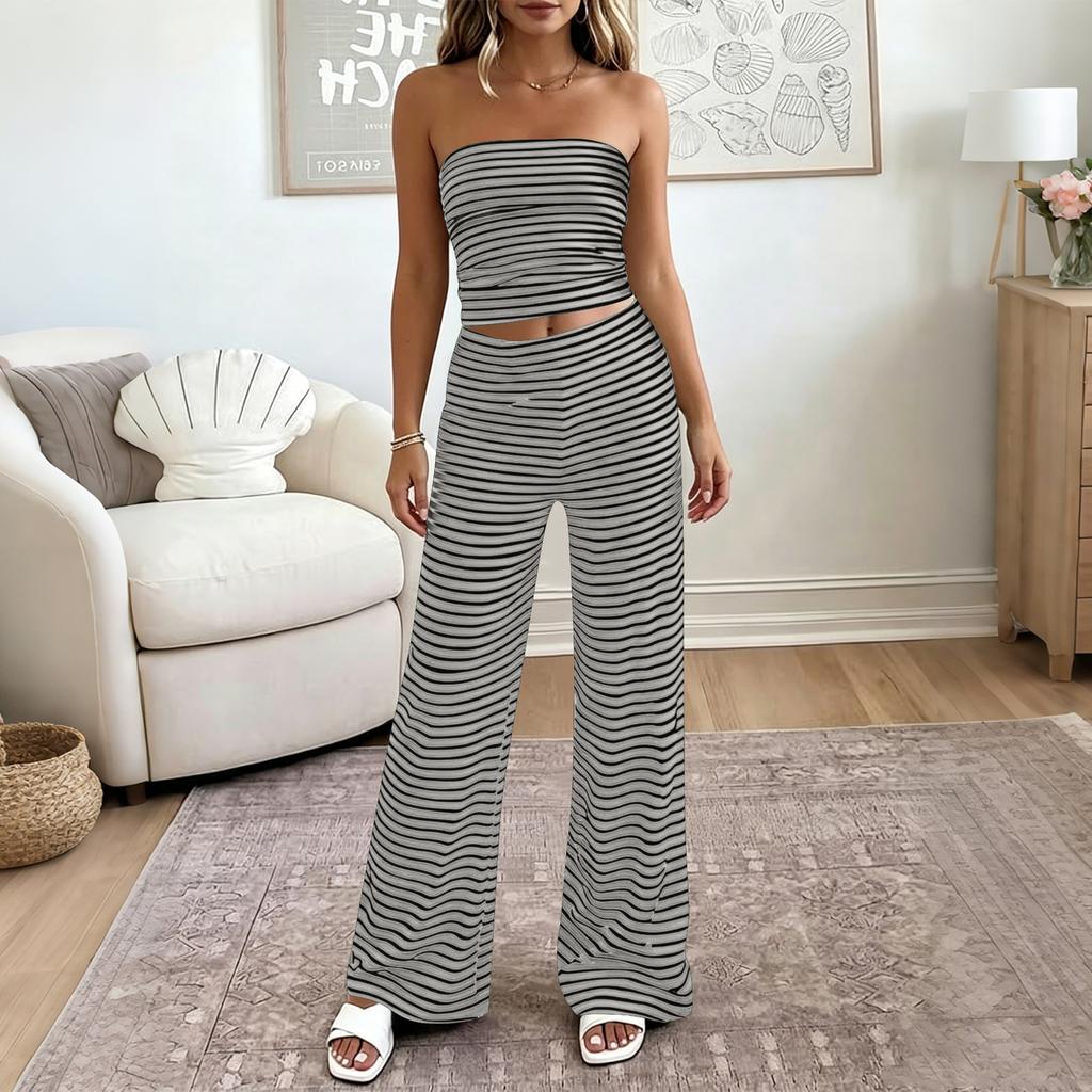 Damen Casual Trägerloses Schlauchtop und Weite Hosen Set Elastischer Bund Zweiteiliges Loungewear Outfit für Urlaub und Zuhause