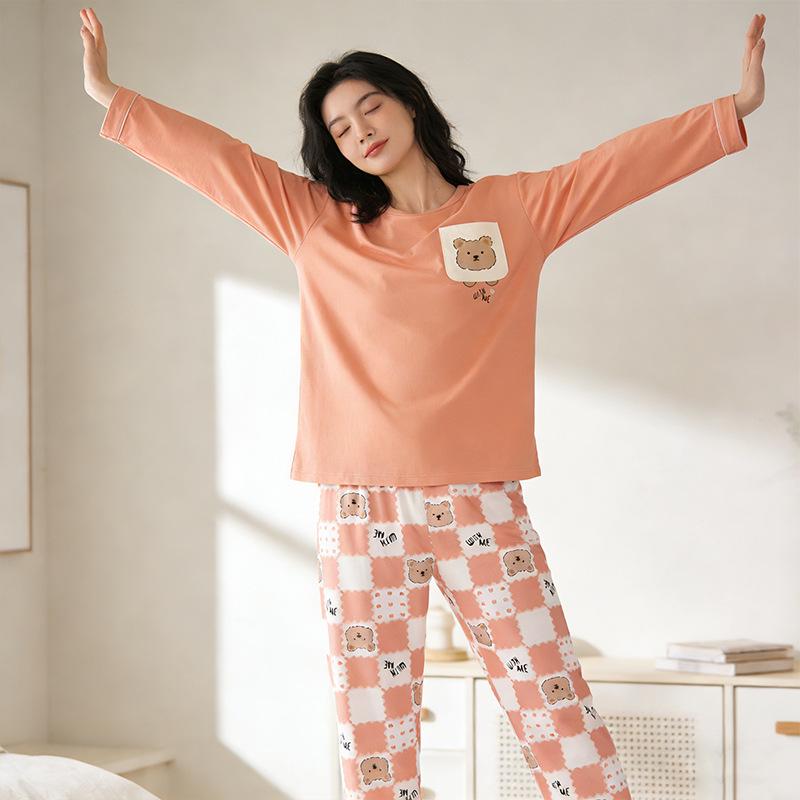 Women's Korean Fashion Long Sleeve Plaid Pajamas: Spring, Autumn, and Winter Casual Homewear Set for Indoor & Outdoor Wear.