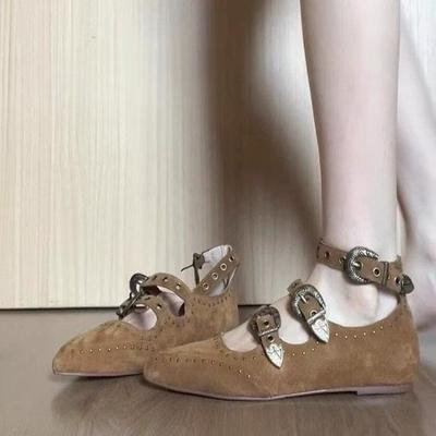 Flat Shoes Autumn New Pointed Toe Shallow Suede Rivet Metal Buckle Heightened Non-slip Soft Sole Single