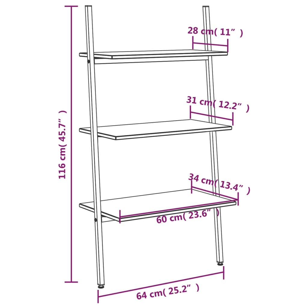 Ladder Shelf with 3 Shelves Black 64 x 34 x 116 cm