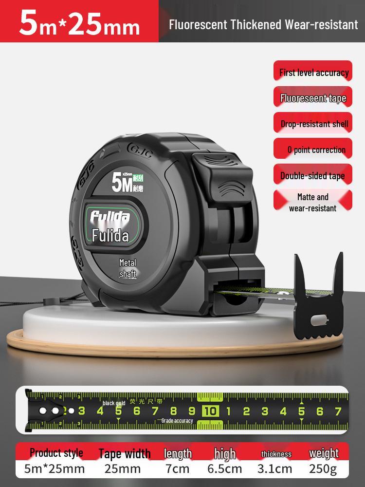 KT 5m Fluorescent Steel Tape Measure - Wear-Resistant, Self-Locking Ruler