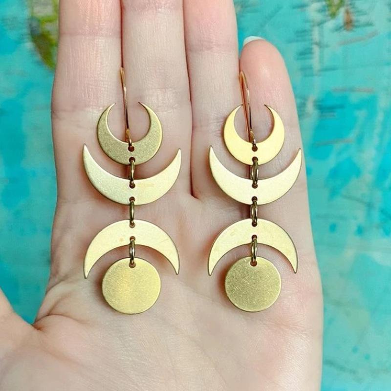 

Bohemia Gold Color Stainless Steel Crescent Moon Sun Dangle Earrings for Women Halloween Triple Moon Goddess Amulet Jewelry Gift