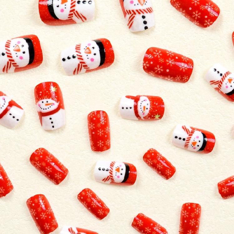 Medium Square False Nail Christmas Acrylic Nail Snowman Full Cover Stick On Nail White Snowflake Press On Nail