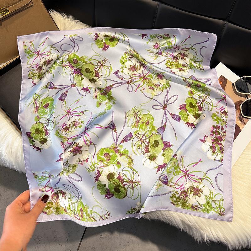 French Light Luxury Floral Small Square Scarf Simulation Silk Printing Silk Scarf Headscarf Women's Spring and Summer Scarf Temperament Scarf Scarf N