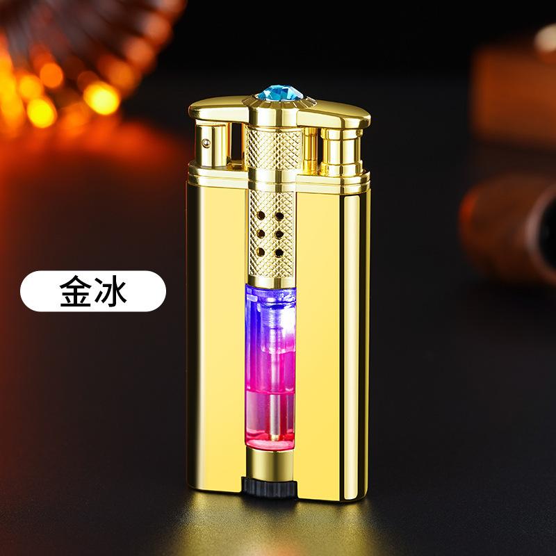 Windproof Diamond Studded Straight Forward Lighter Blue Flame Inflatable Lighter with Visible Gas LED Light Gift for Boys