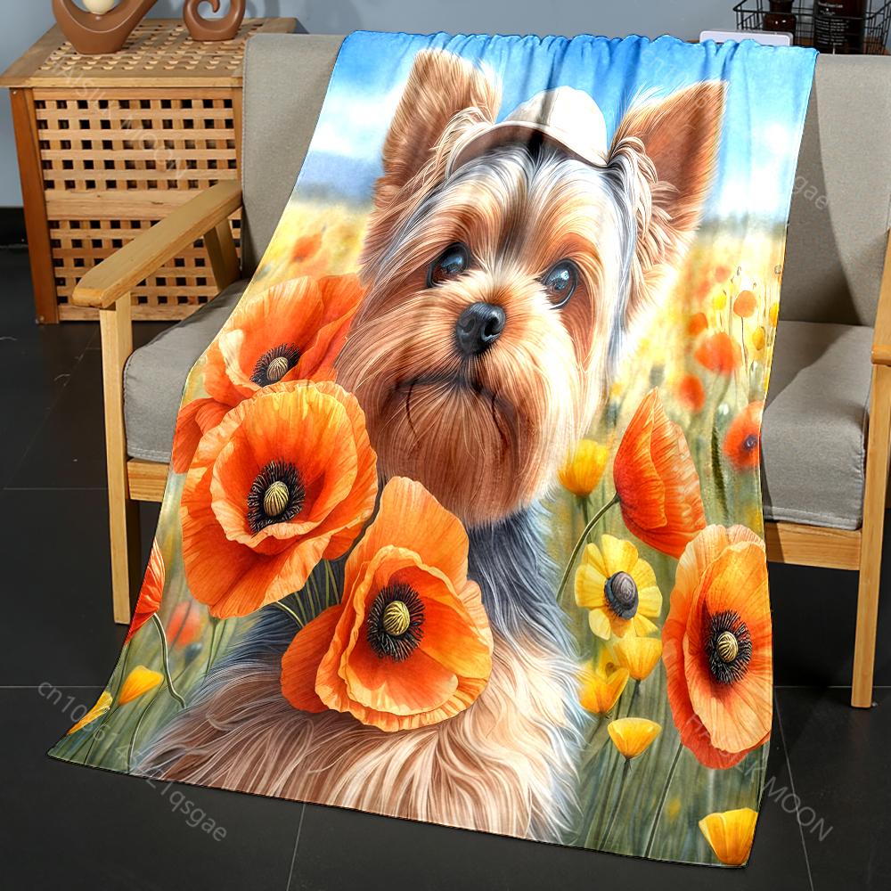 Yorkshire Terrier and Flowers Print Blanket Warm Soft Fluffy Kids and Adults Sofa Bed Throw Blanket for Home Travel Camping