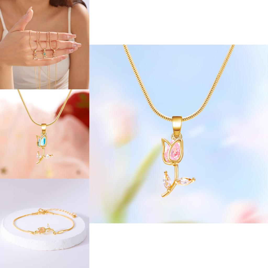 Tulip Flower Necklace Copper Chain Womens Trendy Spring Jewelry
