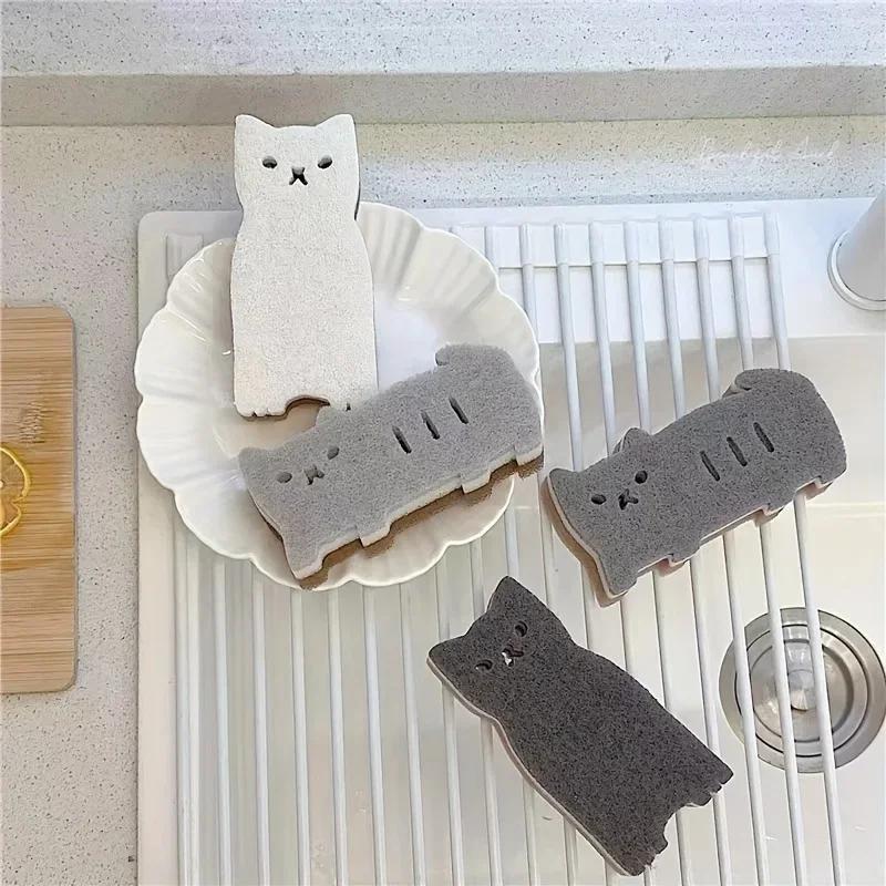Four cute cat kitchen sponges - thickened sponges, scouring pads, kitchen cleaning tools, double-sided dishwashing brushes