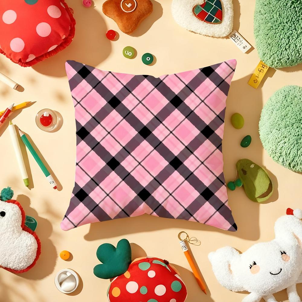 Classic Pink Plaid Cushion Cover Soft Short Plush DoubleSided Printing Home Decor Machine Washable Pillow Case Gift