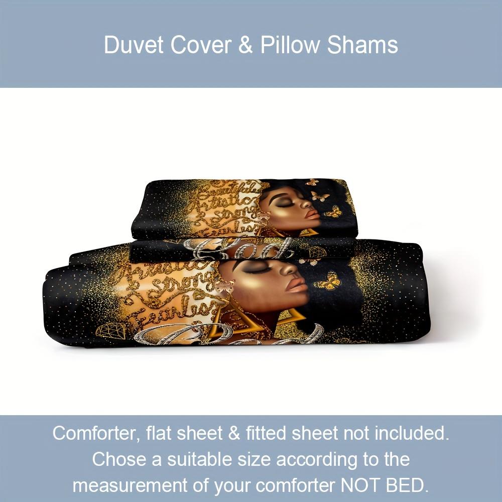 3pcs Duvet Cover Set, Golden Powder Butterfly African American Black Girl Print Bedding Set, Soft Comfortable Duvet Cover