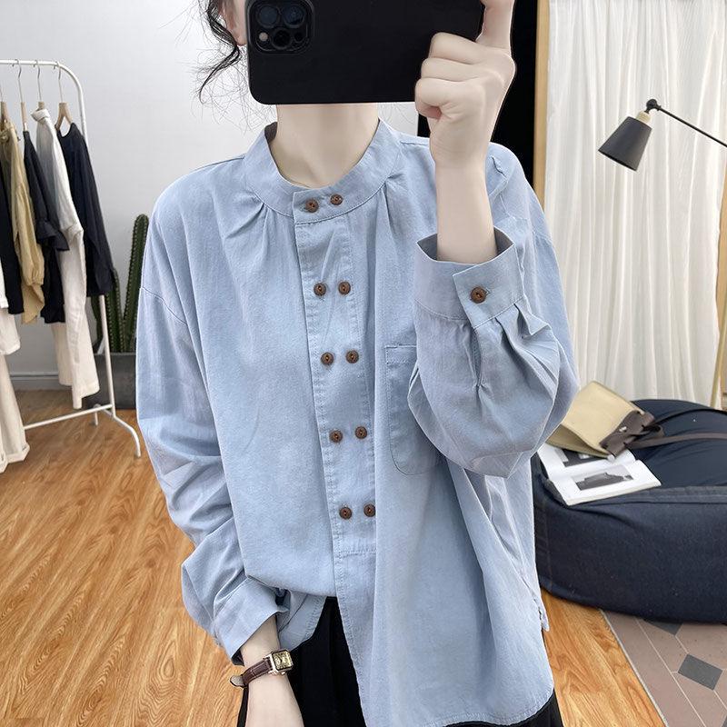 Cotton Shirt for Women Double Breasted Small Stand Collar Long Sleeved Shirt Commuting Top Shirt for Women
