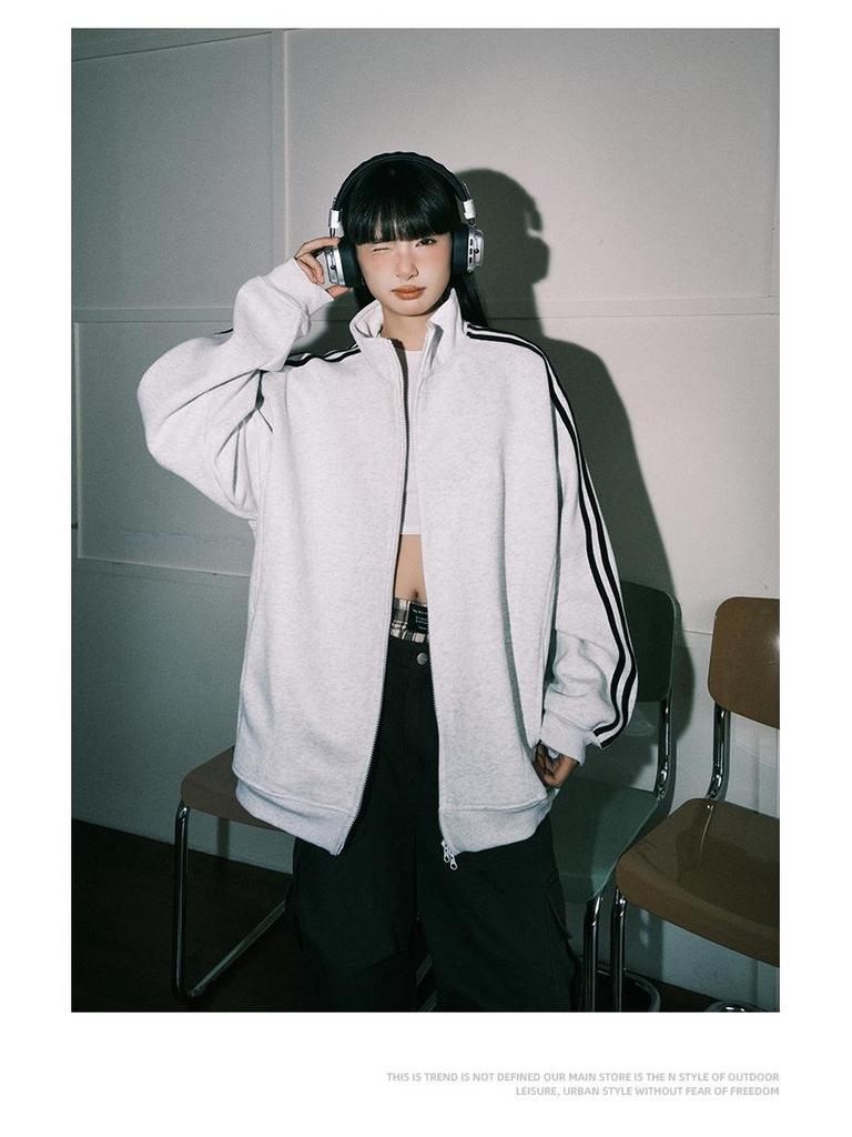 Męska modna kurtka w paski ze stójką na wiosnę/jesień - Kardigan w kontrastowe trzy paski dla par.