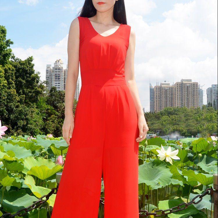 

Women s High Waist V-Neck Chiffon Jumpsuit with Cinched Waist and Wide-Leg Pants S красный