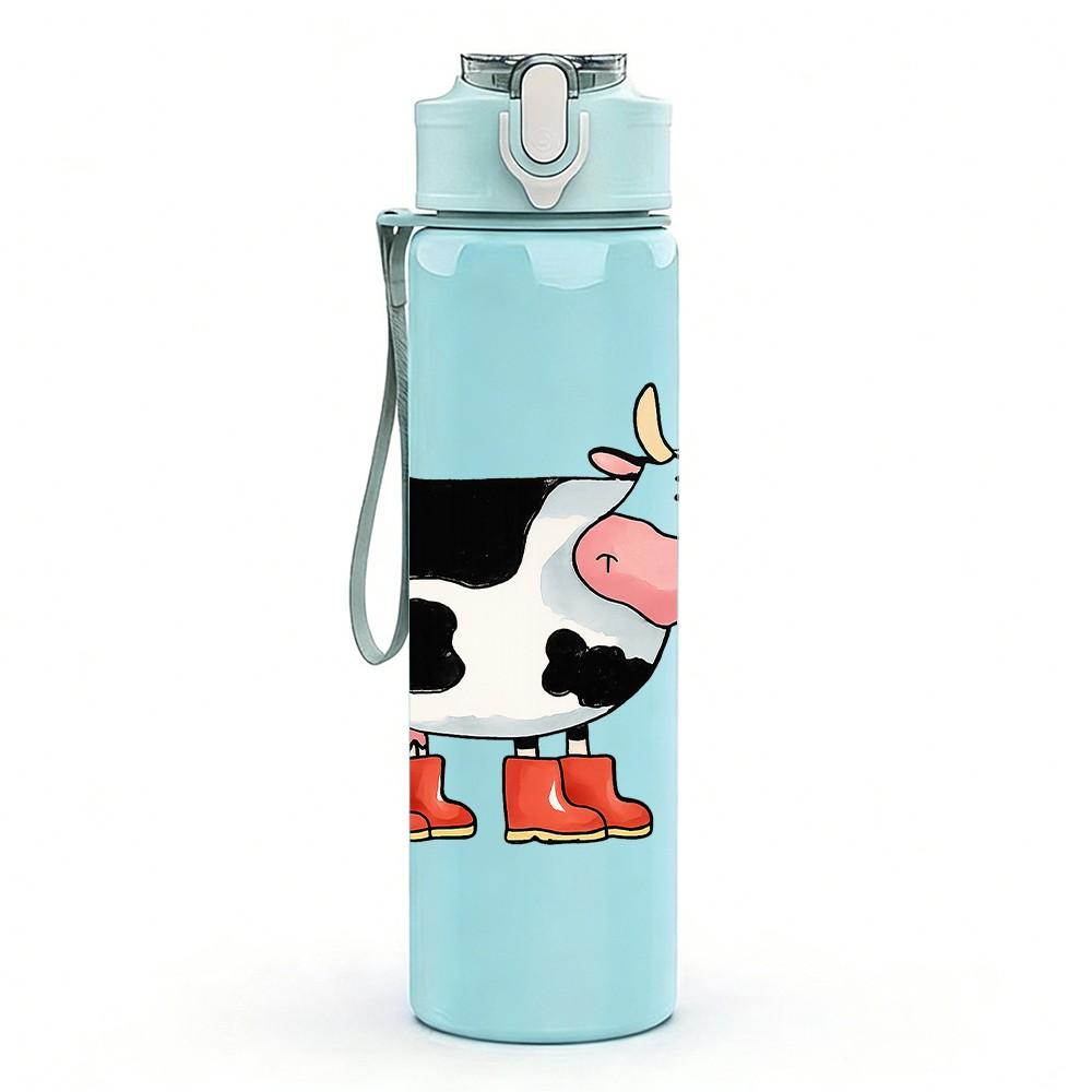 1PC Cute Farm Cow Cartoon 750ml Color Plastic Sports Water Bottle Leakproof Flip Straw Lid Suitable for Sports Office Home Use