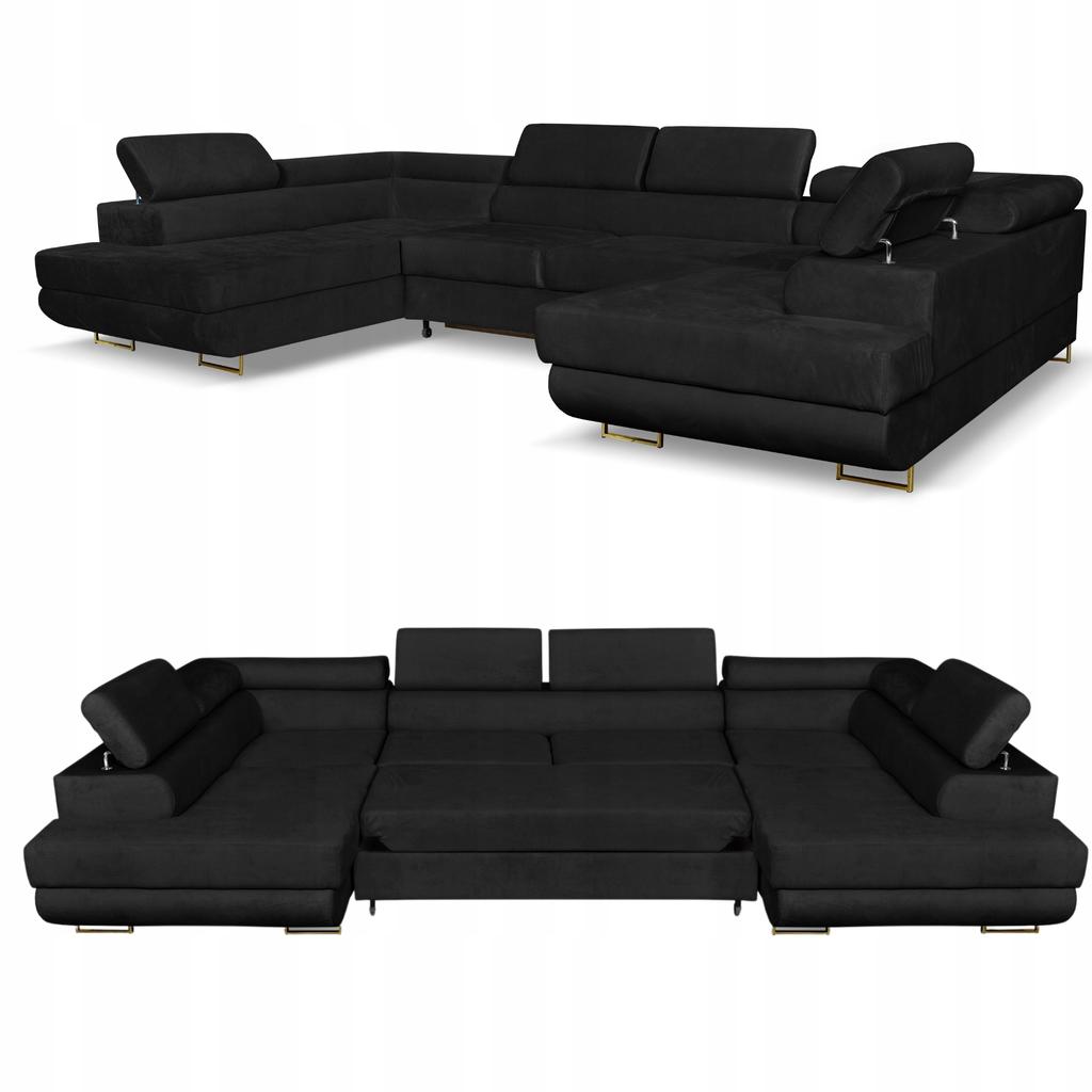 U-shaped Corner Sofa Bed, Extendable F. Bosso Family Sleeping Furniture Black Velvet