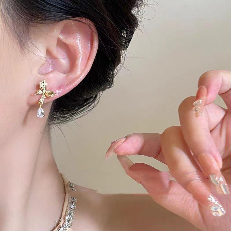 Water Drop Diamond Bow Stud Earrings, High-end Simple Ear Clips 2025 New Unique Earrings