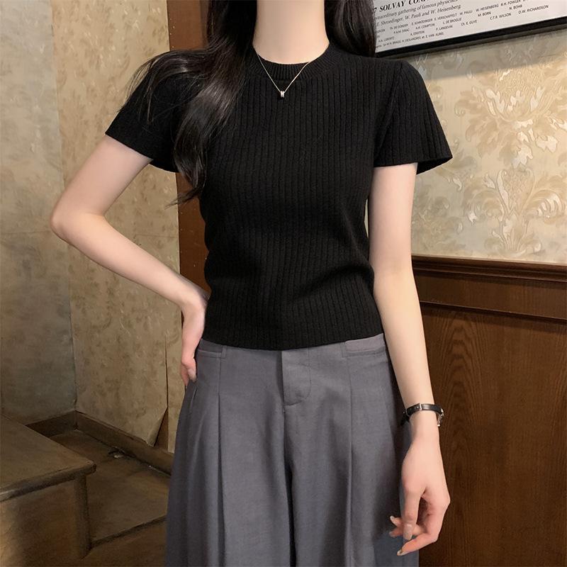 High-end Korean Pit Strip Short-sleeved Women's Spring and Summer Fashionable Solid Color Simple Foreign Style Thin Knitted T-shirt Top