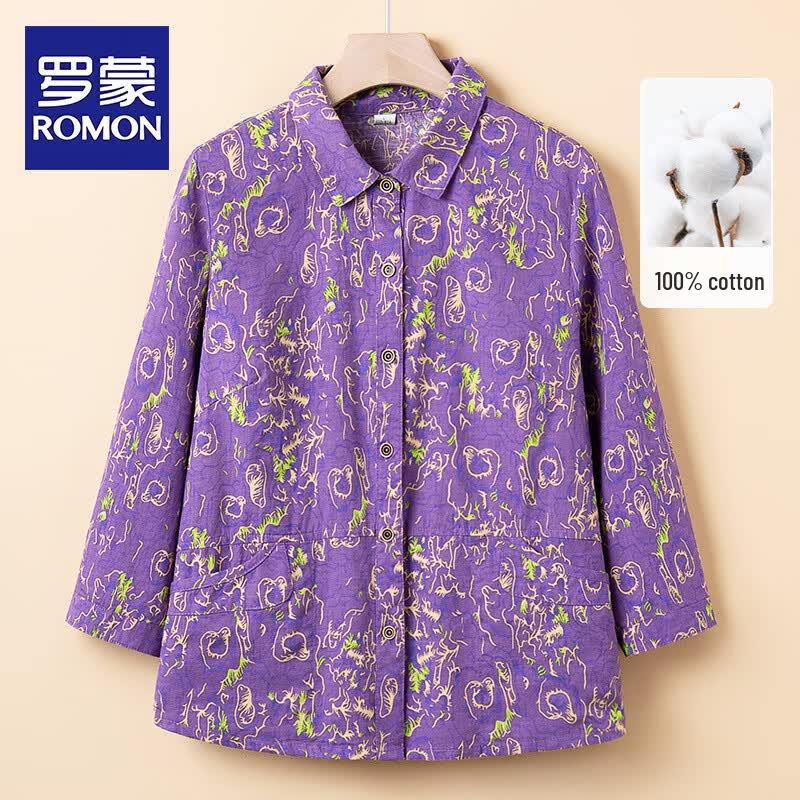 ROMON Women s Floral Cotton 3/4 Sleeve Blouse 4XL