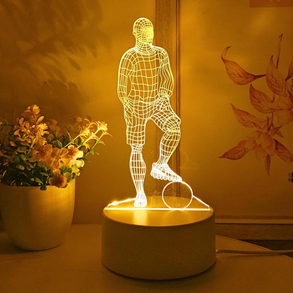 Luz de noite 3D de jogador de futebol monocromático, luz de presente de aniversário e feriado, luz de atmosfera para decoração de quarto