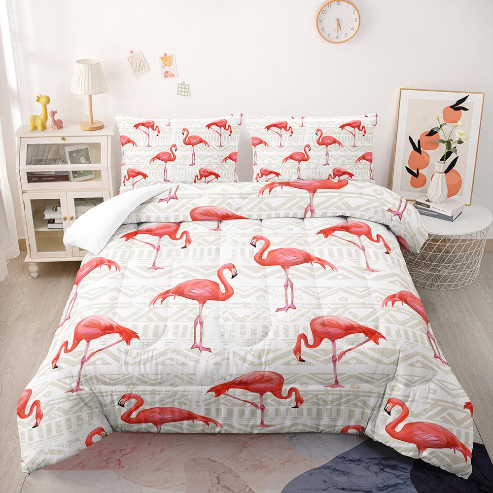 Cartoon Flamingo Duvet Cover Set, Tropical Leaves Comforter Cover Palm Tree Pattern Bedding Set, Colorful Polyester Quilt Cover