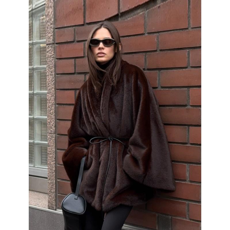 Womens Brown Faux Mink Fur Coat