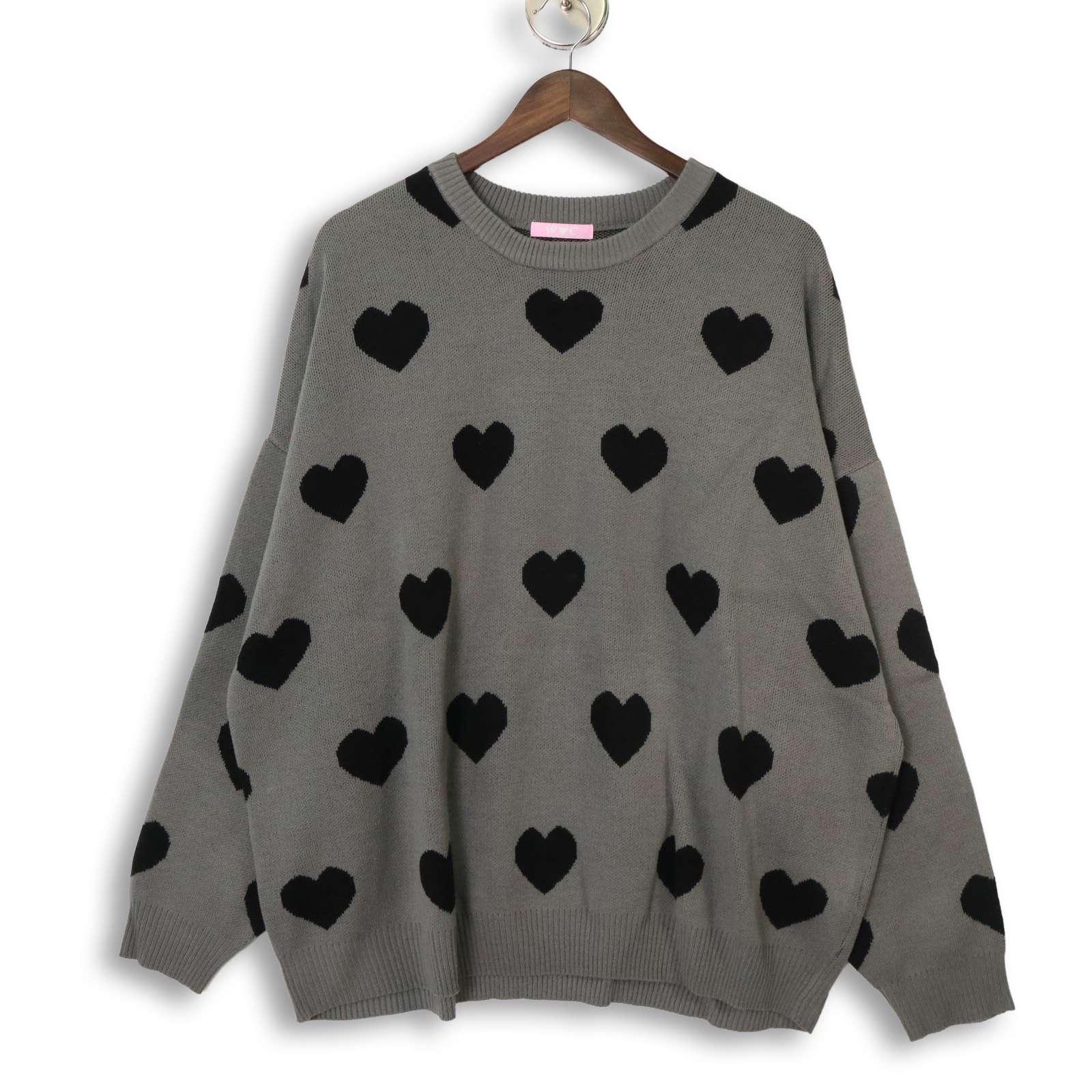 WC Double Sea Wego Autumn/Winter Heart All Over Pattern Crew Neck Knit Sweater Sz.F Women s Gray