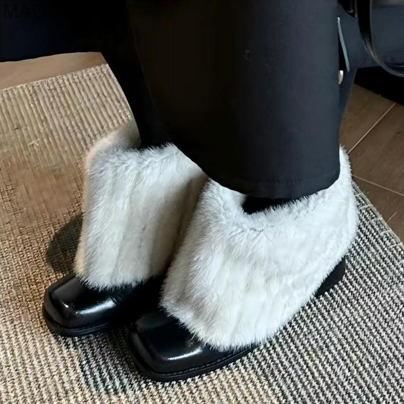 Chunky Heel Square Toe Furry Short Boots French Style Fur Lined Winter Warm Shoes Slip on Booties Elegant Botas Mujer Size 35-40