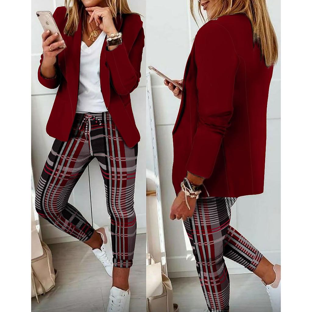 Long Sleeve Blaze Women 2 Pieces Elegant Slim Fit Jacket Formal Office Work Pant Lapel Coat Set