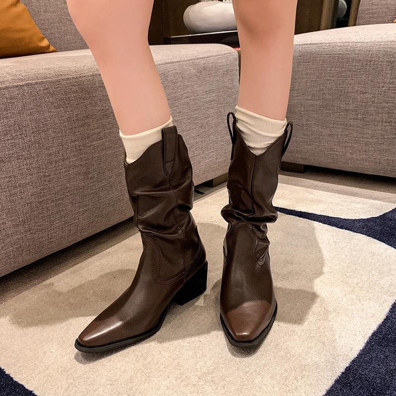 Premium Spice Girls Pointed Martin Boots Women's Autumn and Winter New Thick Heel Pleated Pile Medium Boots British Skinny Boots