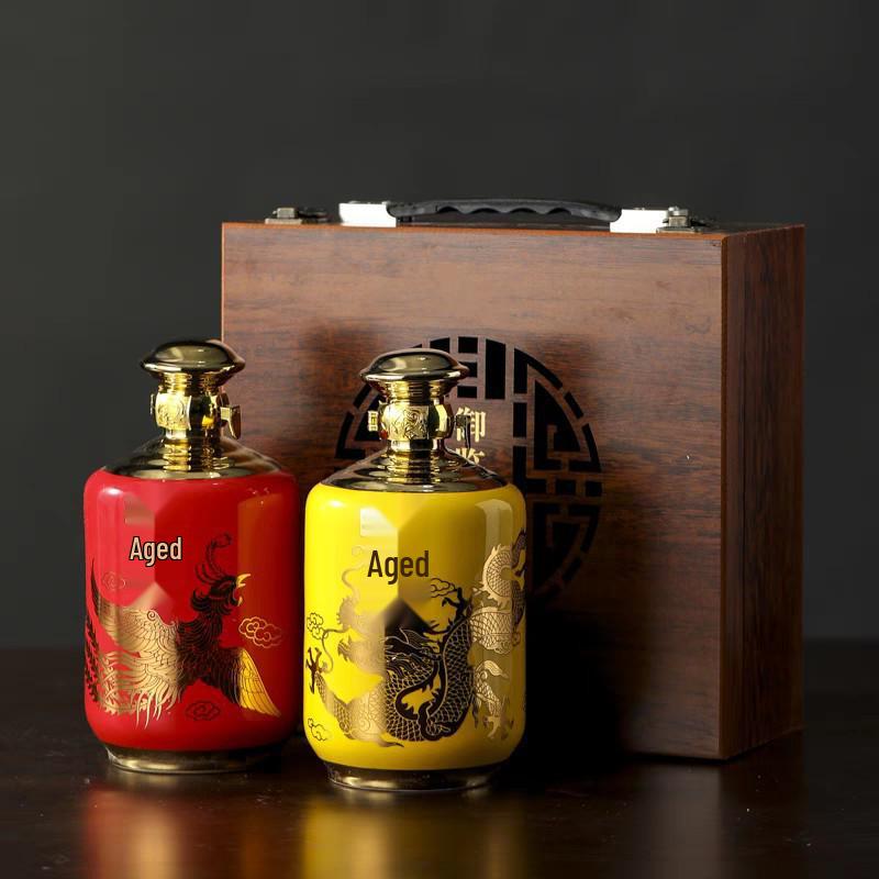 Dragon & Phoenix Ceramic Wine Bottle, 2 Jin Capacity, Sealed Liquor Jar Set with Aged Wine Pot