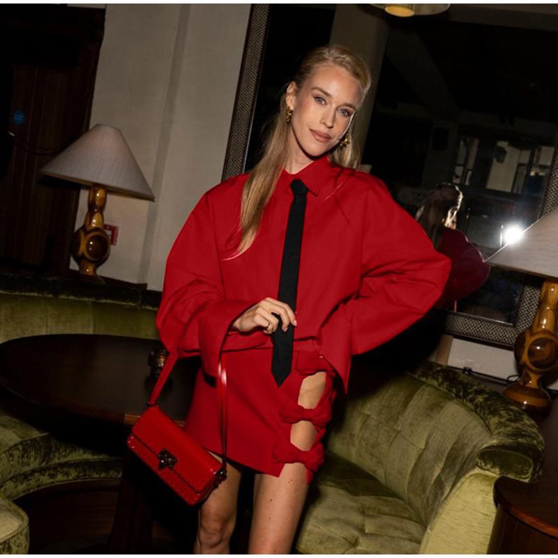 Women 2 Piece Set Elegant Laple Tie Oversize Full Sleeve Shirts High Waist Tie Bow Mini Skirt Lady Outfits 2025 Lady Streetwears