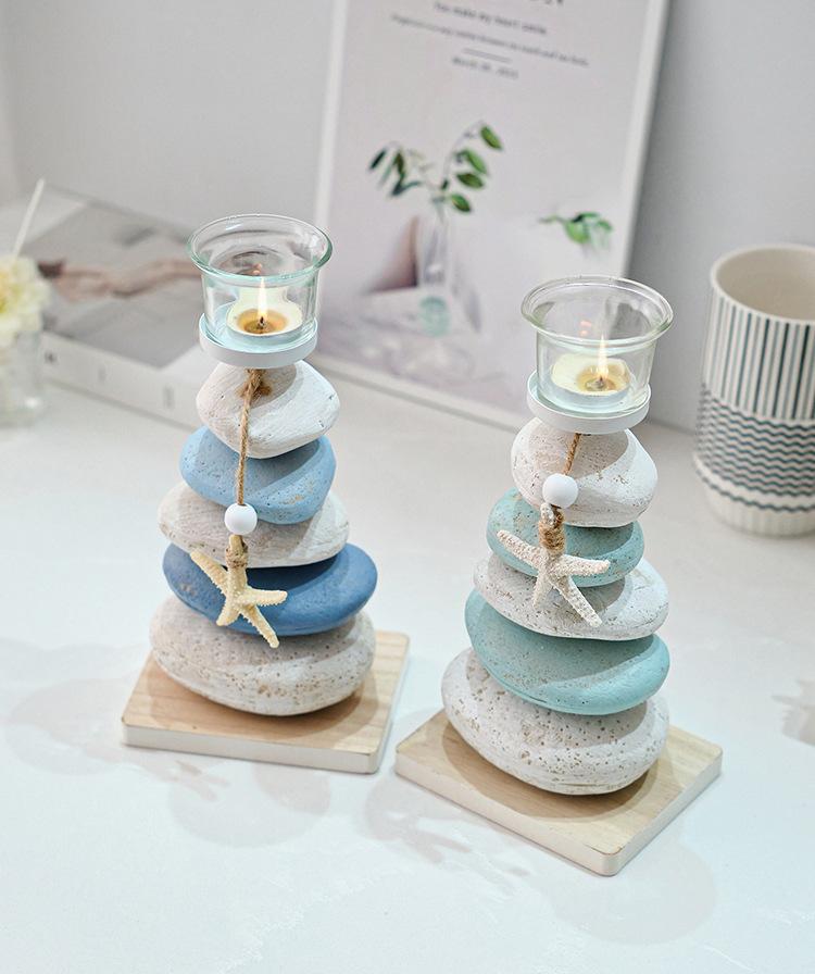 1pc Mediterranean-Style Stone Candlesticks, Decorative Ornaments, Handcrafted Wooden Starfish Display Tables For Birthday Gifts