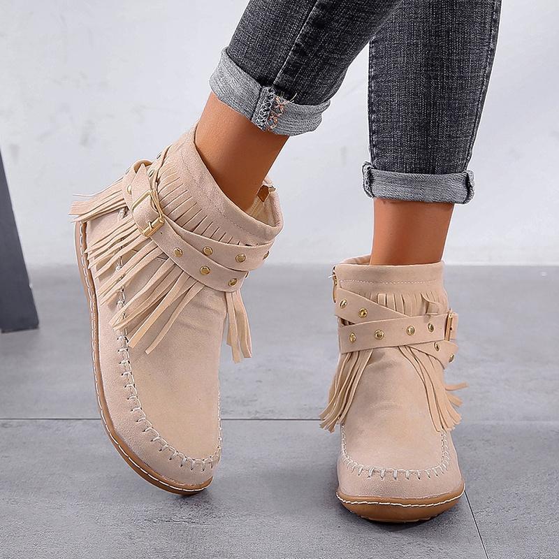 Women's Fashion Retro Boots Winter Ankle Boots Flat Boots Tassel Ladies Boots Plus Size 35-43