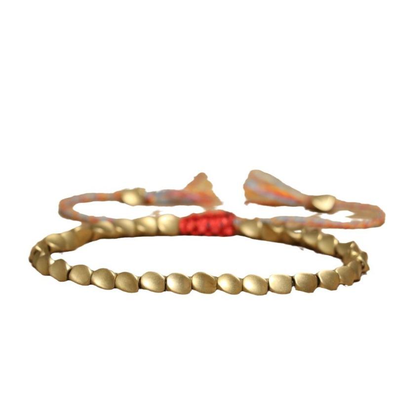 Matte Brass Teardrop Bead Bracelet – Red Knot Adjustable Boho Jewelry, Protection Luck Gift for Men & Women