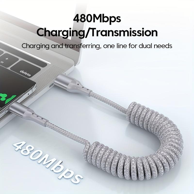 90 Degrees 100W USB Type C Spring Car Fast Charging Cable for Samsung Xiaomi USB C Data Cord for iPhone 15 Huawei USB C Wire