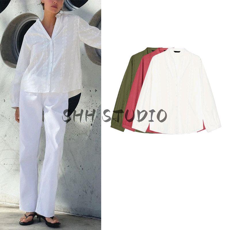 Spring New Women's Clothing Fashion Style Cut Out Embroider Fashion Minimalist Long Sleeve Lapel Shirt 8741027