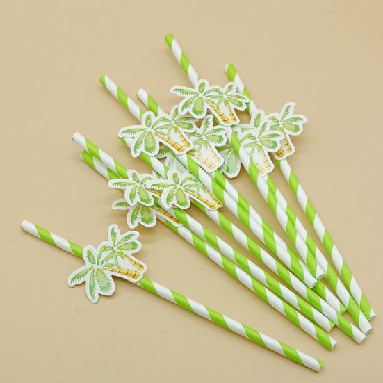 20Pcs Disposable Paper Straws, Hawaiian Palm Tree Party Drink Straws, Cocktail Paper Straws, Green Coconut Summer Decor