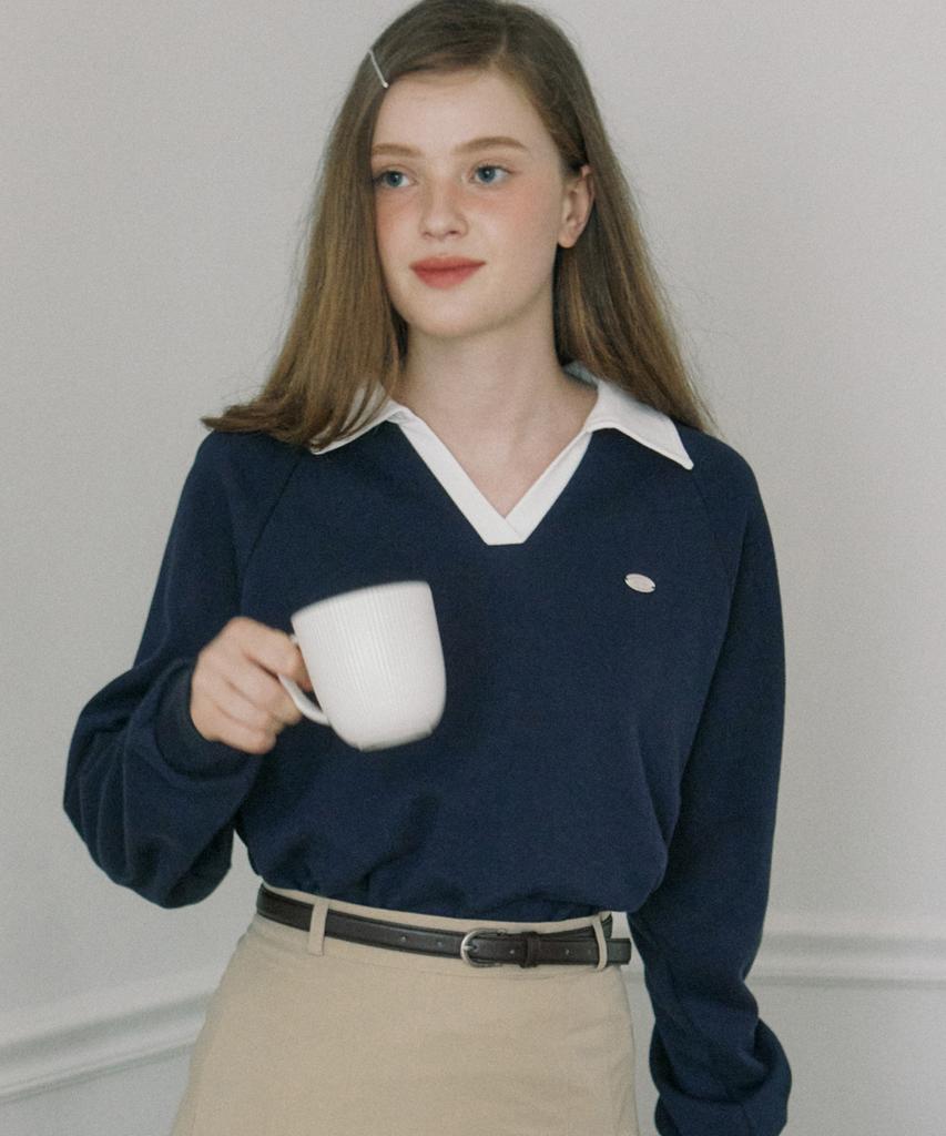 OURHOPE Pique Open Collar Sweatshirt - Navy