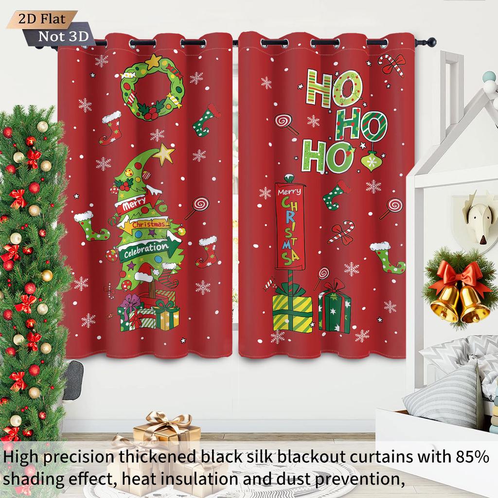 2Pcs Cartoon Christmas Tree Ho Print Blackout Curtains Multiple Sizes Living Room Insulation Holiday Decoration Easy To Install